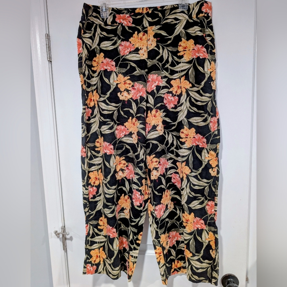 Kensie Linen Blend Floral Print Pants Sz Lg